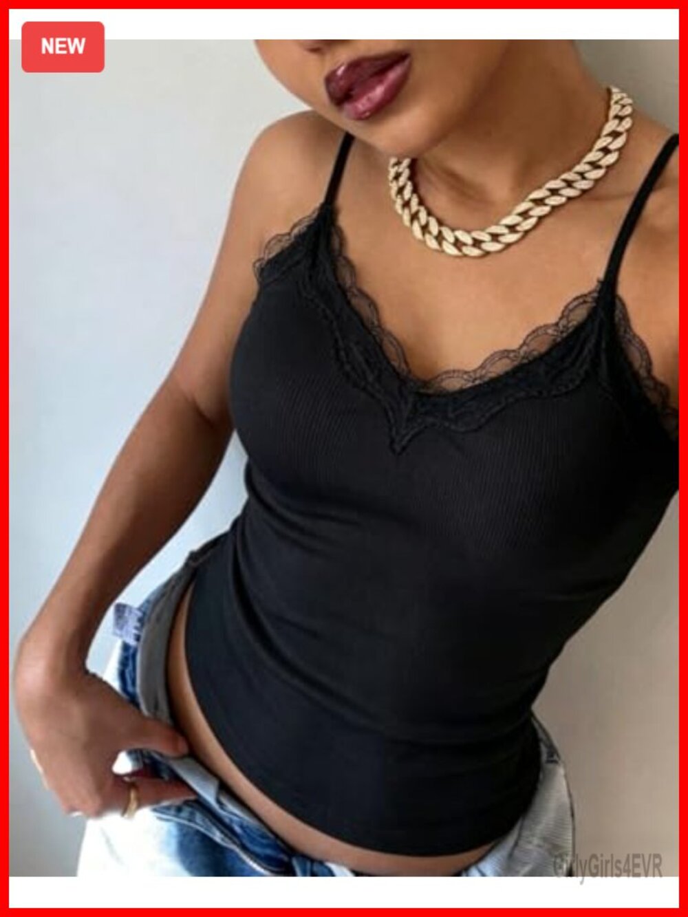 Built-in Bra Cami Tank Top Lace Trim Spaghetti Straps Slim Fit Ribbed Tops - Picture 5 of 7